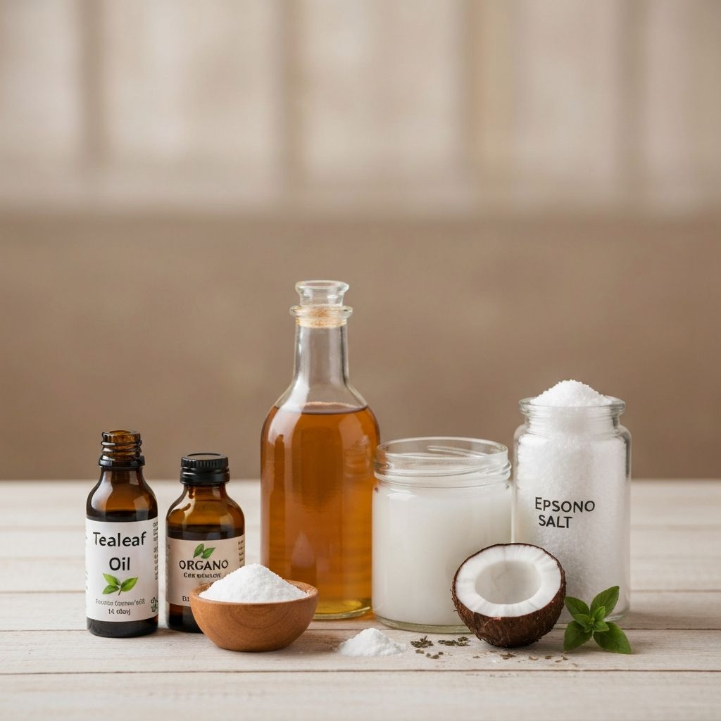 Prirodni sastojci za gljivice na stopalima: ulje čajevca, jabučni ocat, soda bikarbona i kokosovo ulje