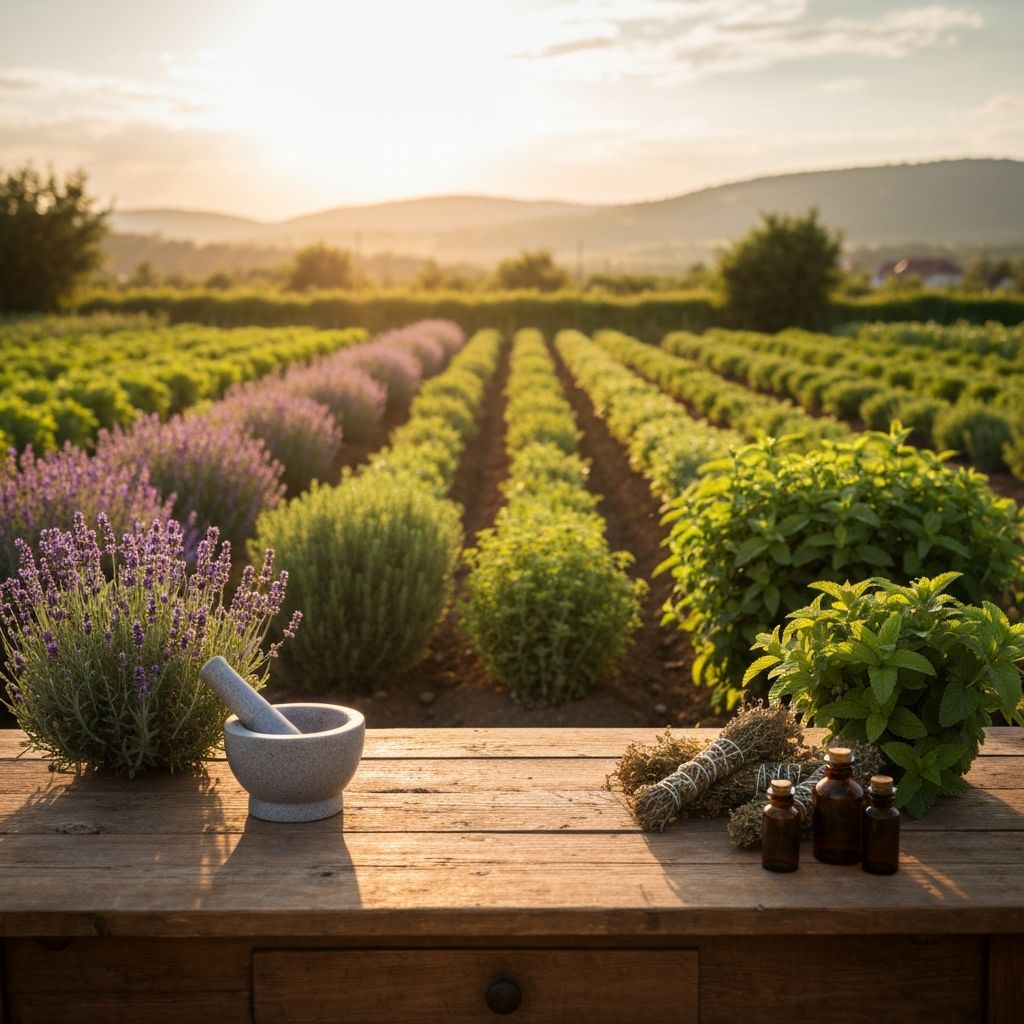 Ljekovito bilje i prirodni preparati na drvenom stolu
