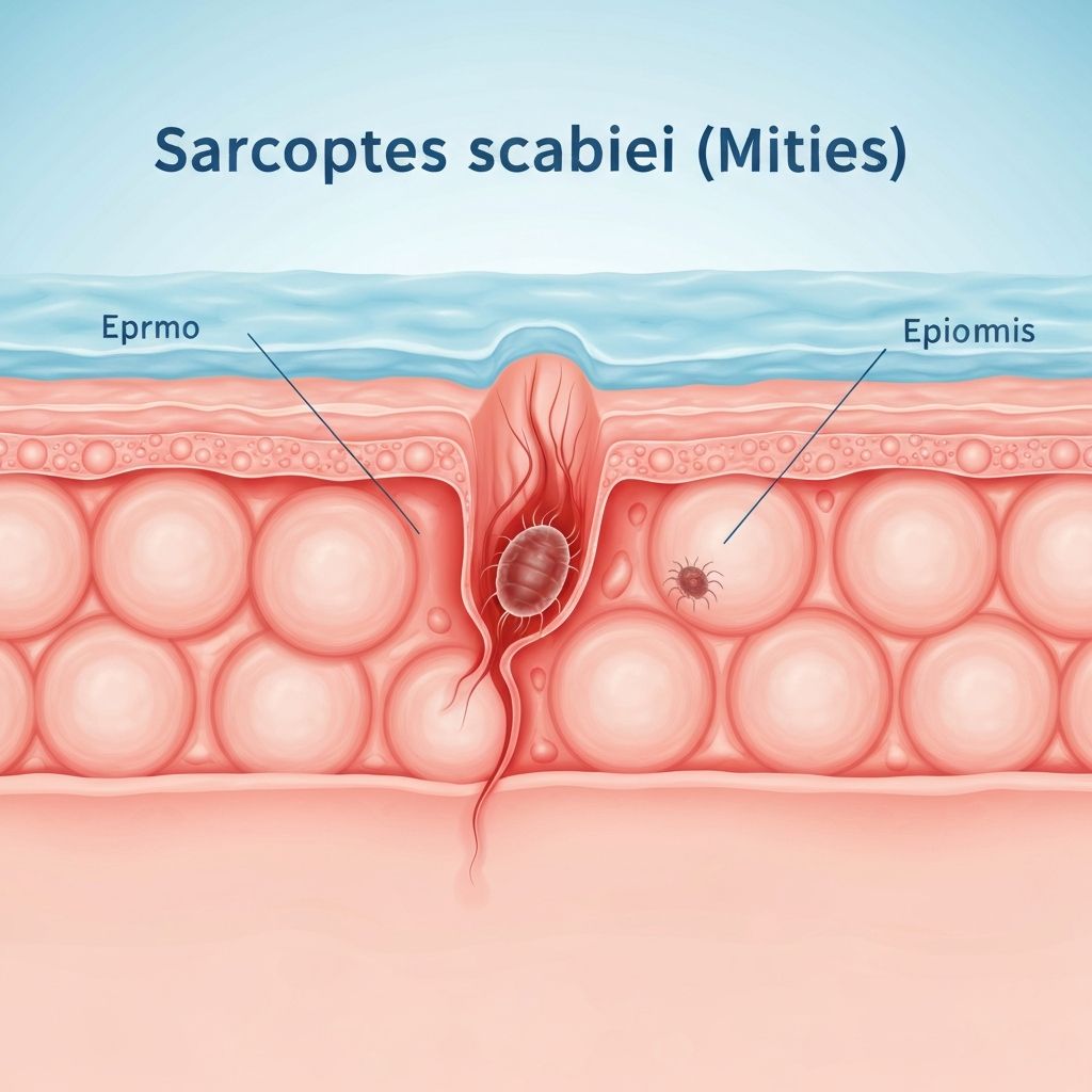 Ilustracija Sarcoptes scabiei grinje i njenog djelovanja na kožu