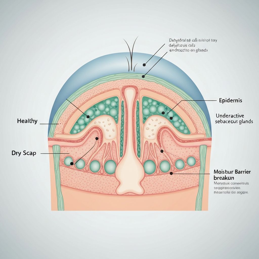Ilustracija presijeka kože vlasišta s dehidriranim epidermisom i oslabljenom lipidnom barijerom