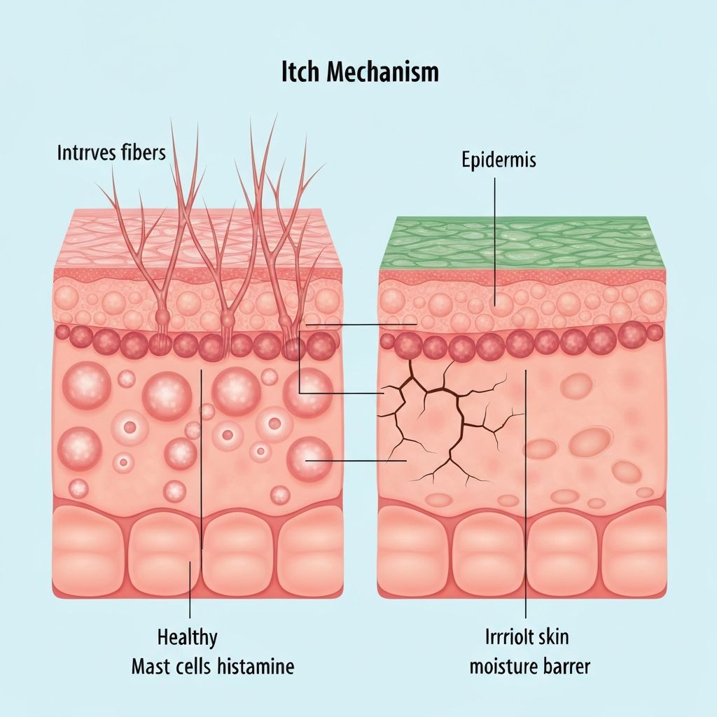 Ilustracija mehanizma svrbeža kože: živčani završetci, histamin i kožna barijera